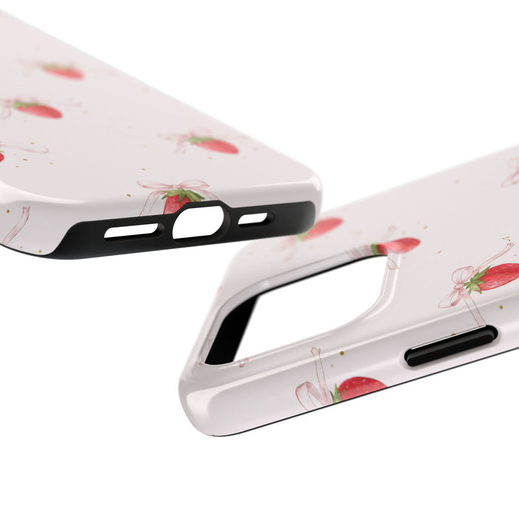 Pink Strawberry Pattern Tough Phone Case, Pastel Fruit Print