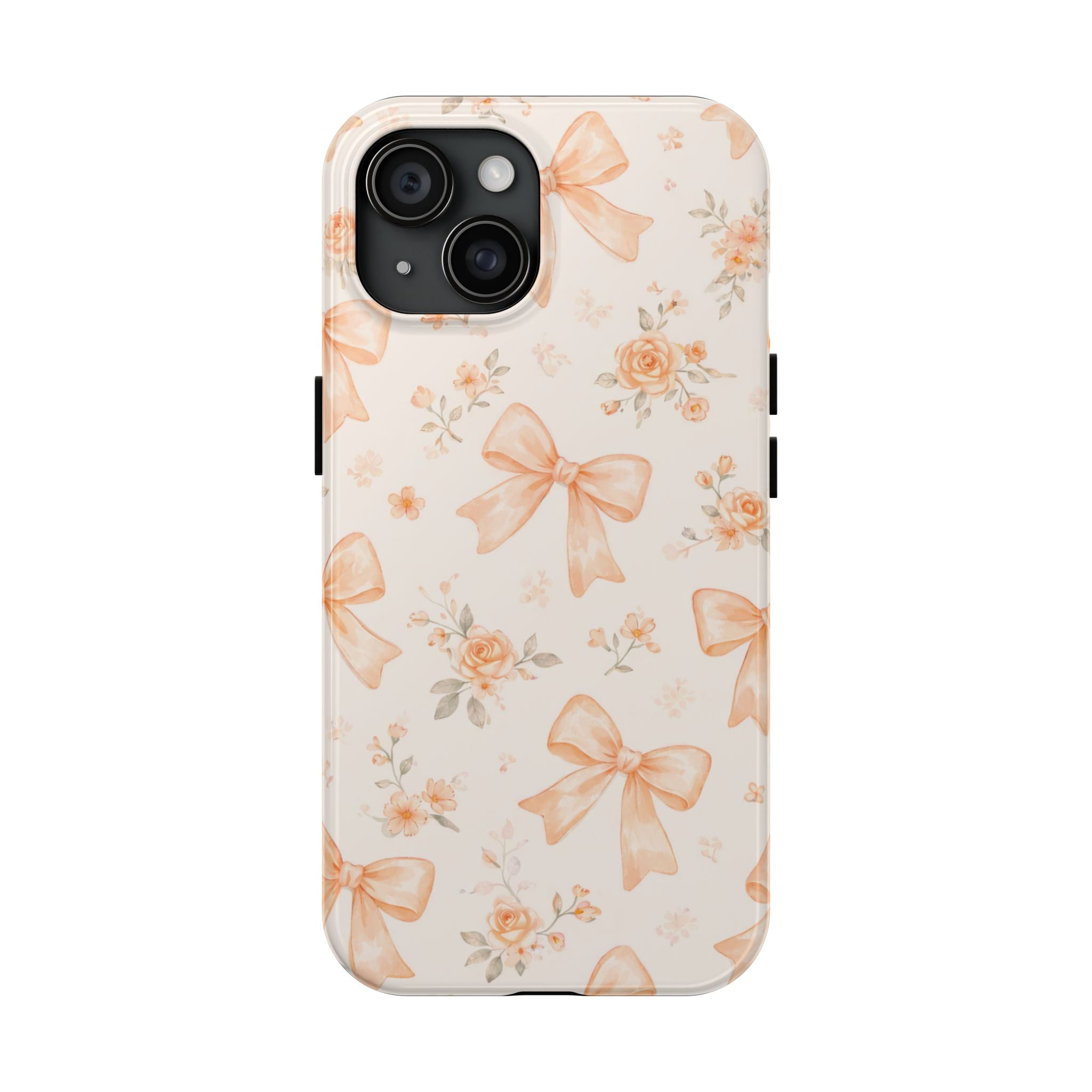 Peach Bow Floral Pattern Tough Phone Case, Peach Ribbon Design
