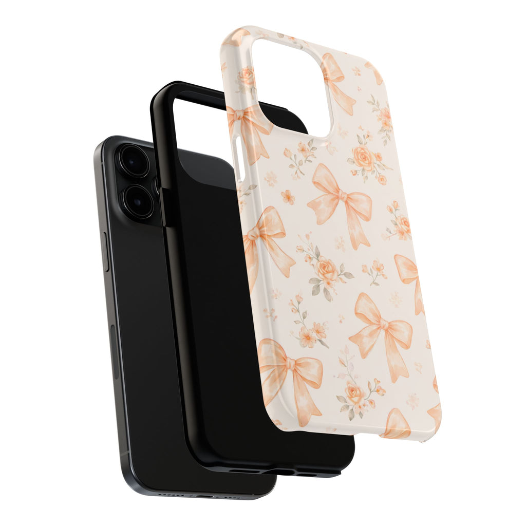 Peach Bow Floral Pattern Tough Phone Case, Peach Ribbon Design
