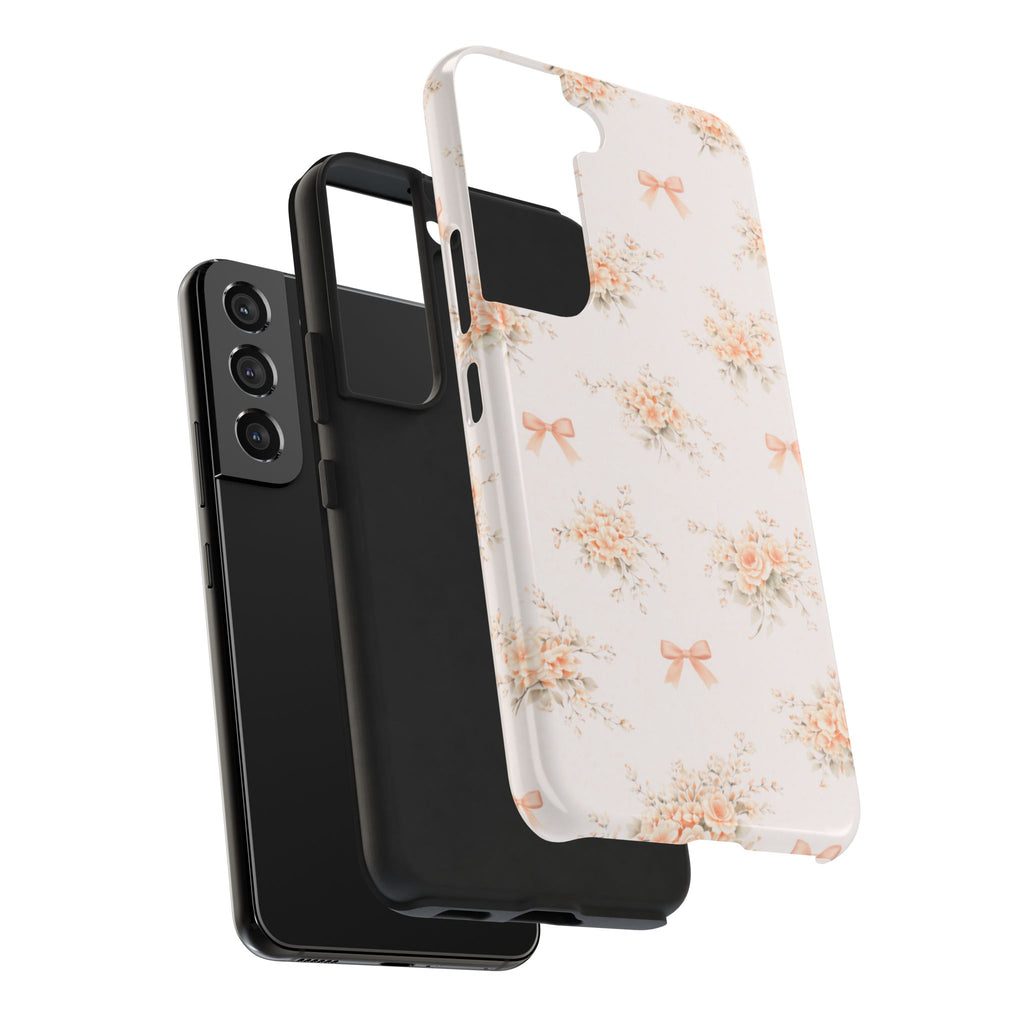 Vintage Peach Floral Bouquet Samsung Galaxy Case, Bow Pattern Pastel Floral