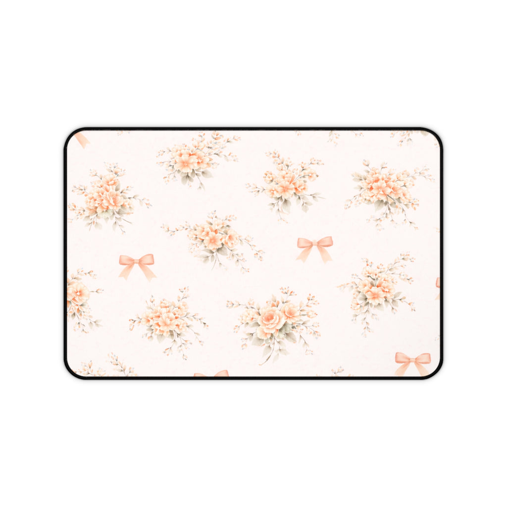 Vintage Peach Floral Bouquet Desk Mat, Roses and Bows Mousepad