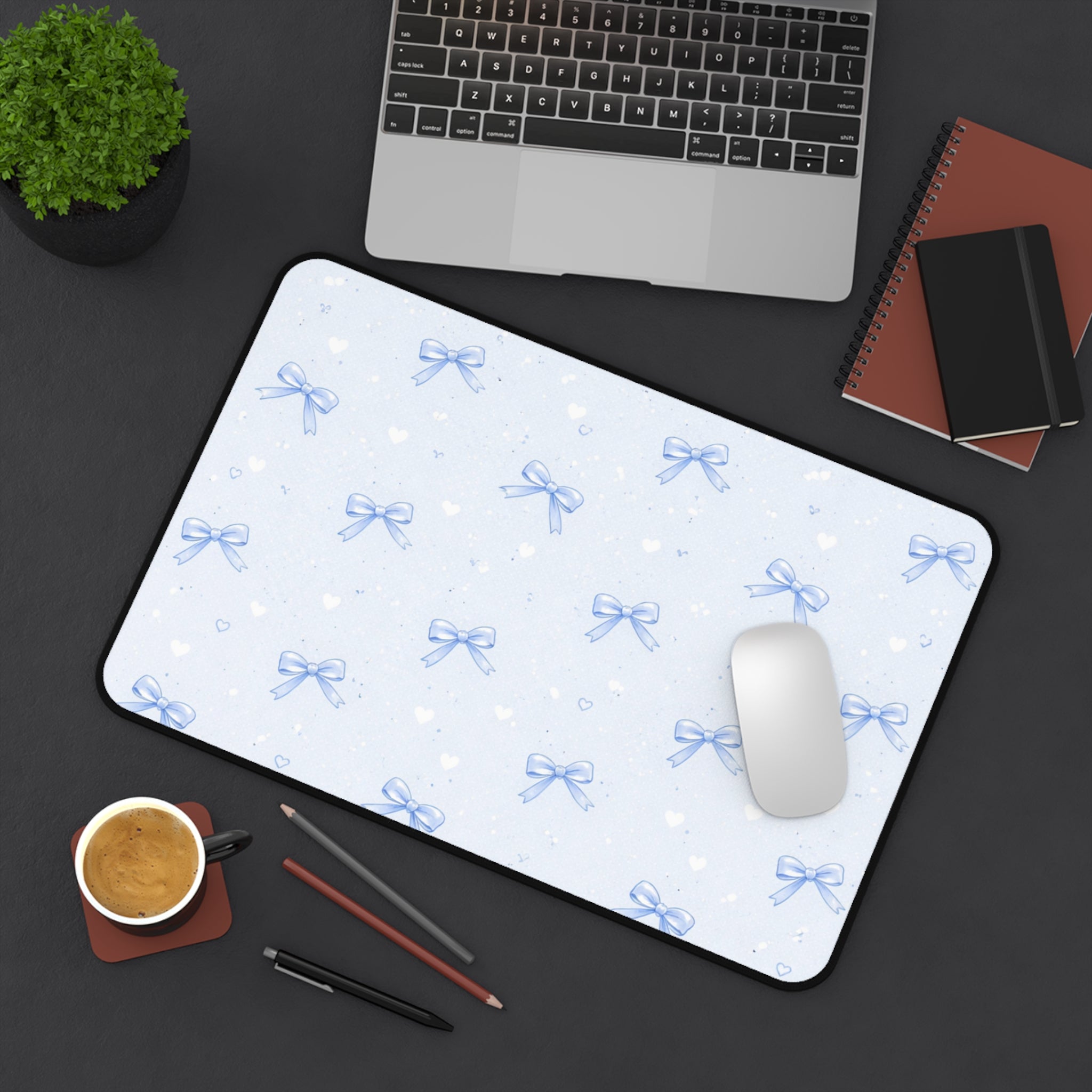 Blue Bow Pattern Desk Mat | Cute Pastel Hearts Mousepad Deskpad