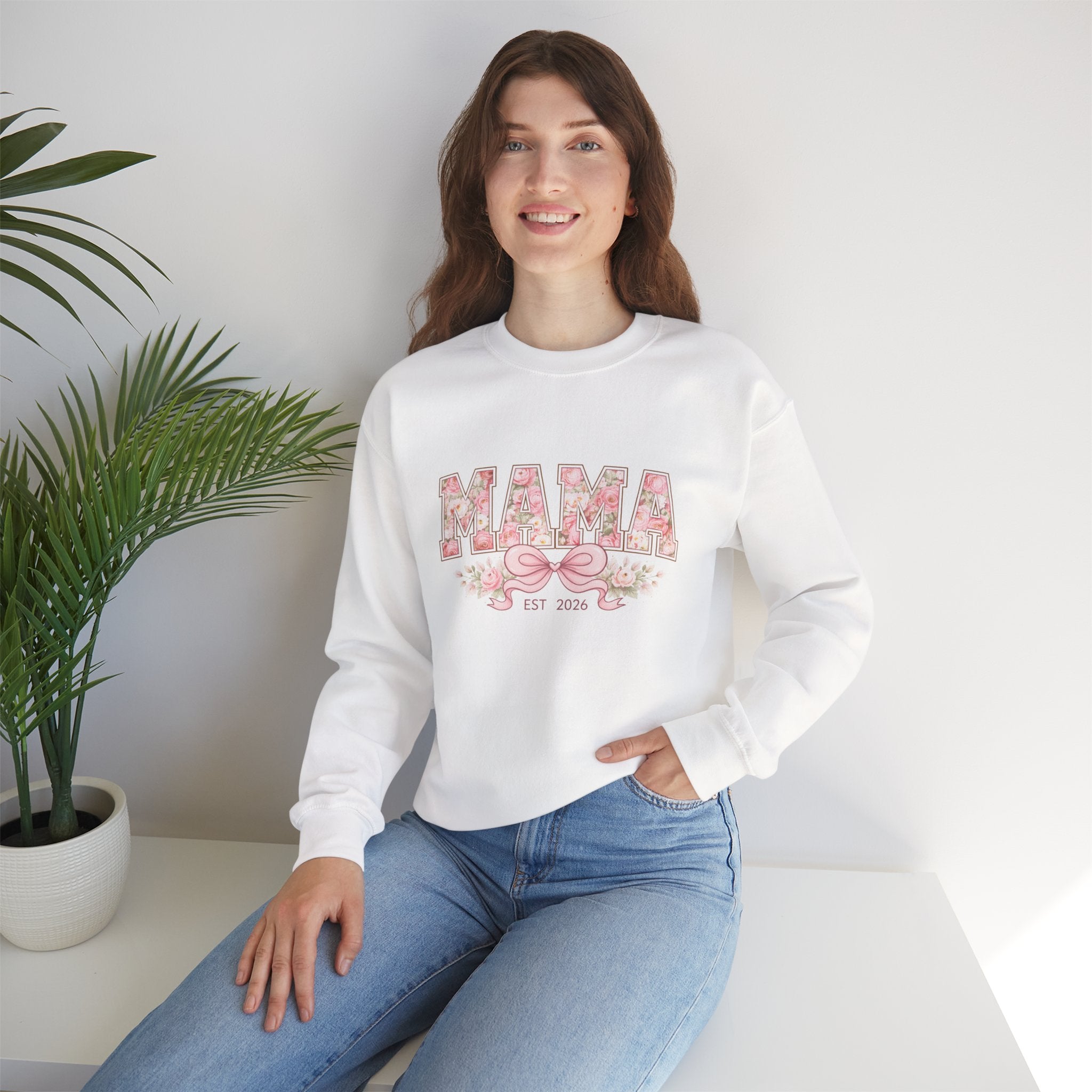 Mama Floral Crewneck Sweatshirt — "MAMA" Pink Bow & Est. 2026 Mother's Day Pullover