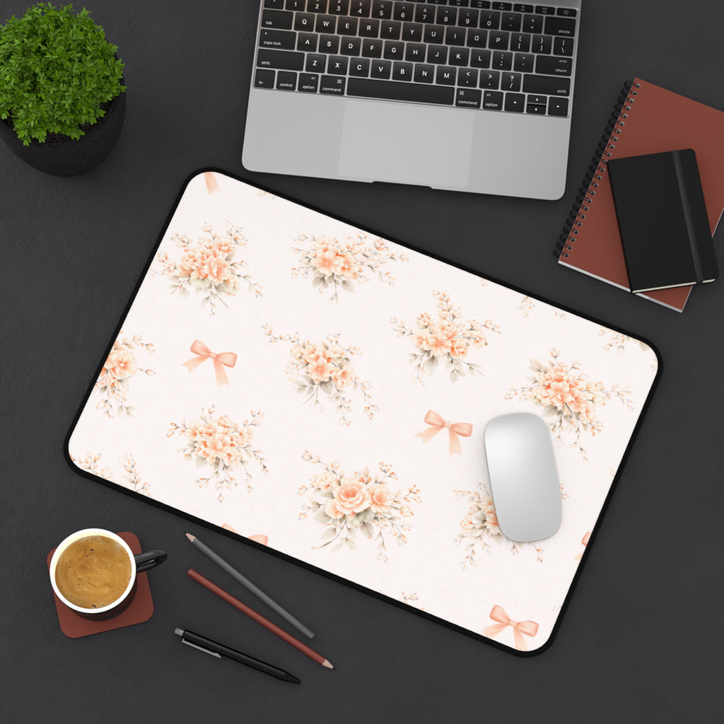 Vintage Peach Floral Bouquet Desk Mat, Roses and Bows Mousepad