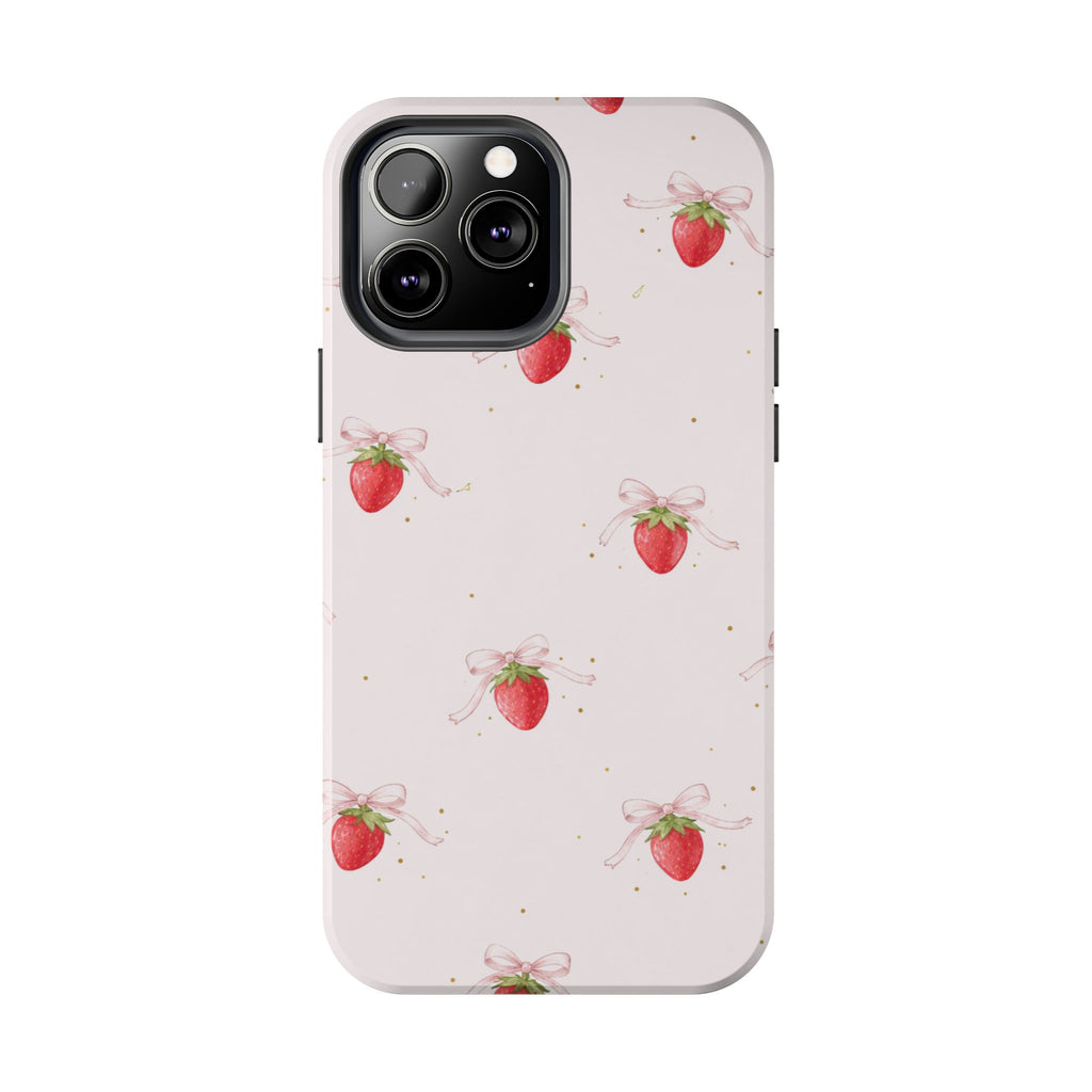Pink Strawberry Pattern Tough Phone Case, Pastel Fruit Print