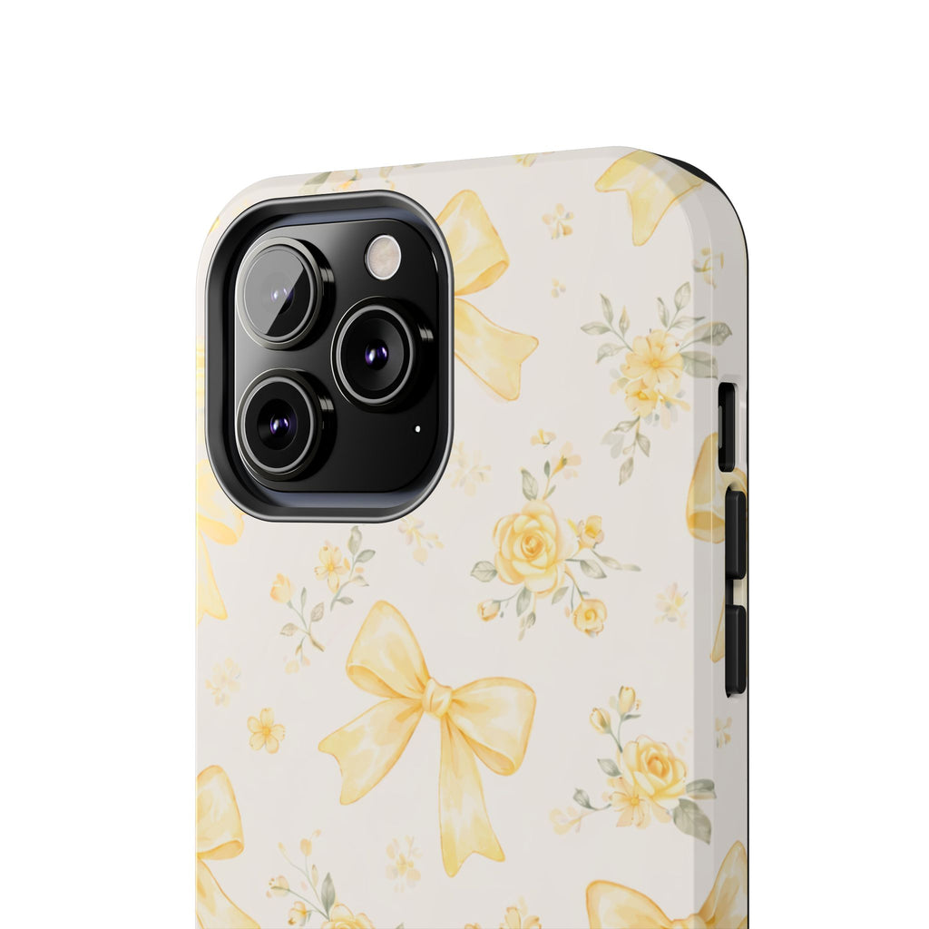 Yellow Bow Floral Phone Case, Cute Yellow Ribbon Pattern