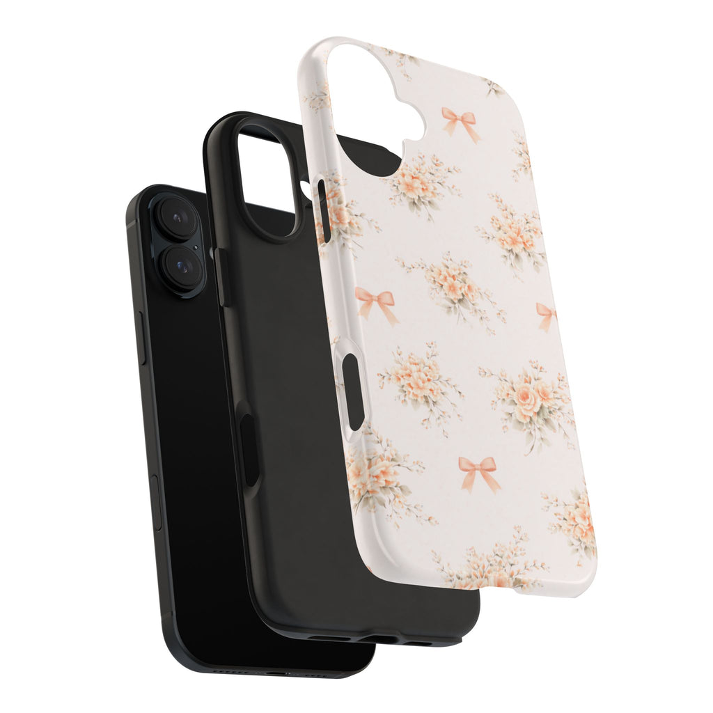 Vintage Peach Floral Bouquet iPhone Case, Tough Pastel Bow Pattern