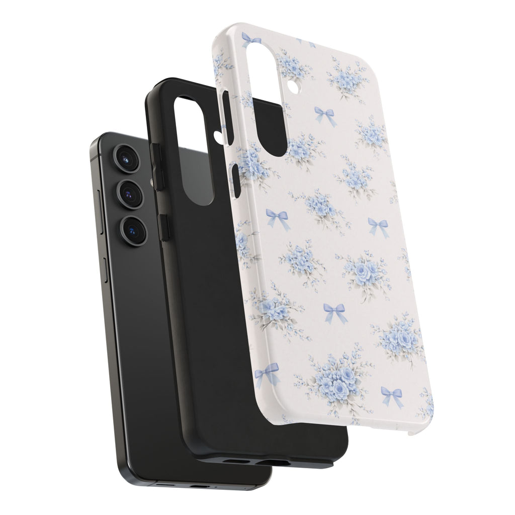 Blue Floral Bows Tough Samsung Galaxy Phone Case, Vintage Bouquet Pattern