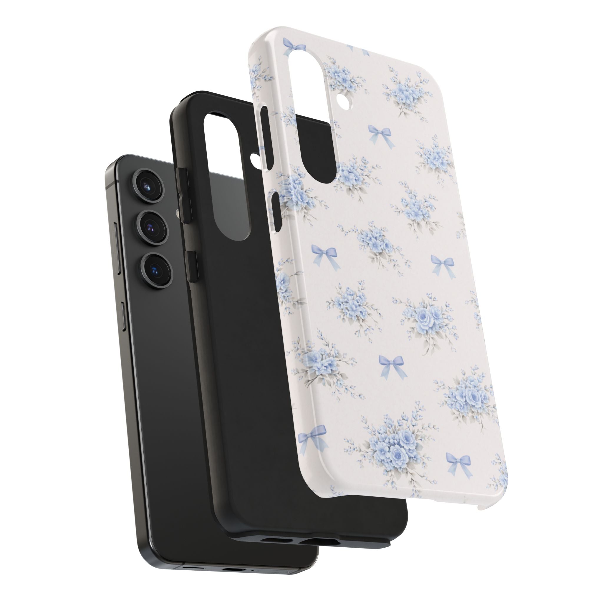 Blue Floral Bows Tough Samsung Galaxy Phone Case, Vintage Bouquet Pattern