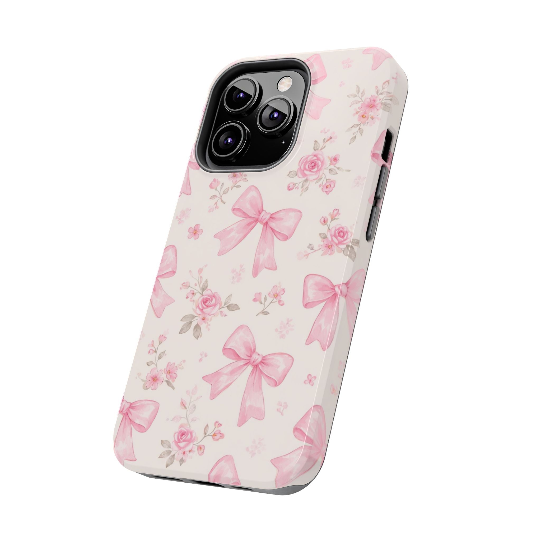 Pink Bow Floral Phone Case, Cute Vintage Rose Pattern