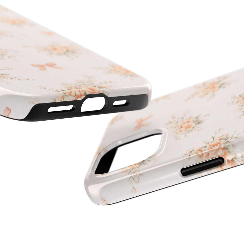 Vintage Peach Floral Bouquet iPhone Case, Tough Pastel Bow Pattern
