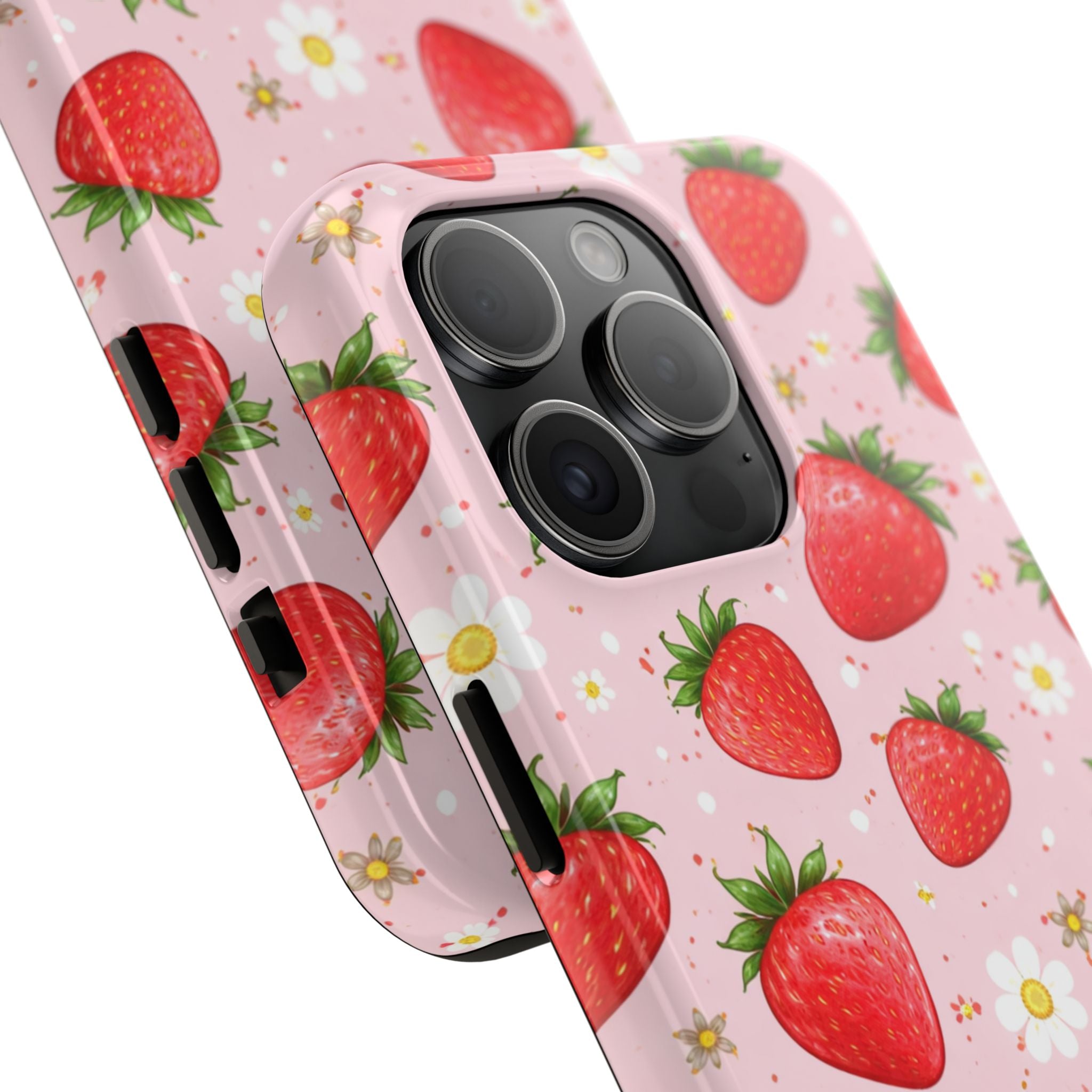 Pink Strawberry Print Phone Case, Soft Fruit Pattern