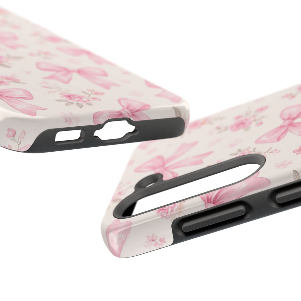 Pink Watercolor Bows Tough Phone Case, Floral Ribbon Pattern