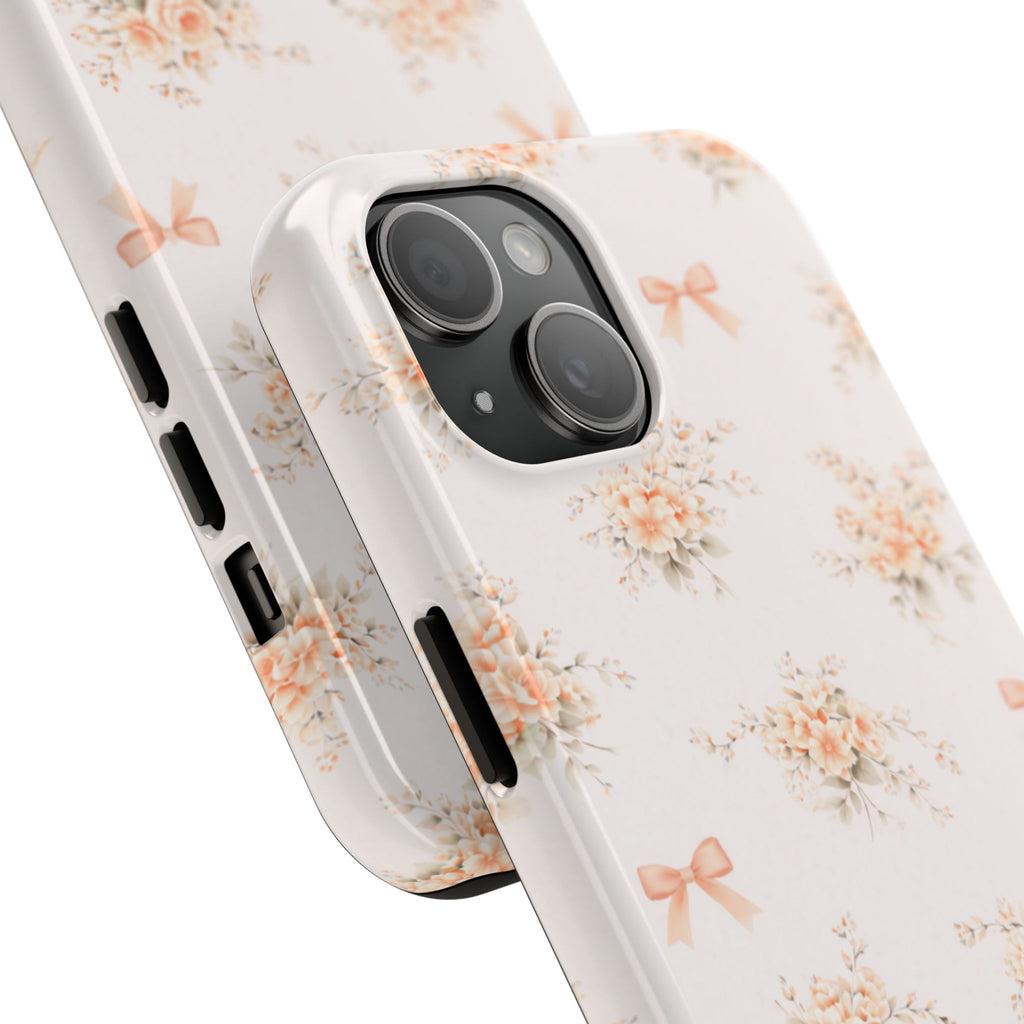 Vintage Peach Floral Bouquet iPhone Case, Tough Pastel Bow Pattern