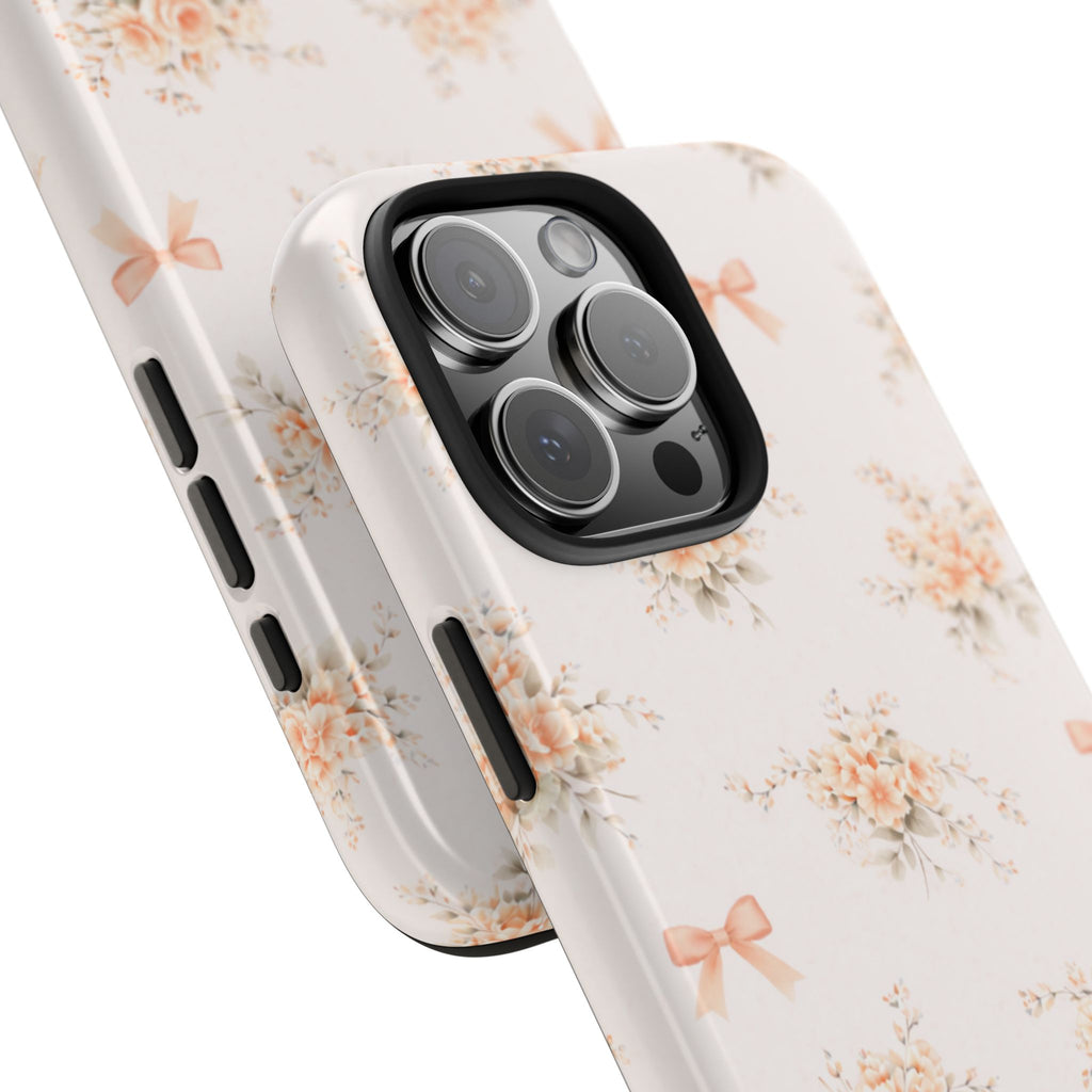 Vintage Peach Floral Bouquet iPhone Case, Tough Pastel Bow Pattern