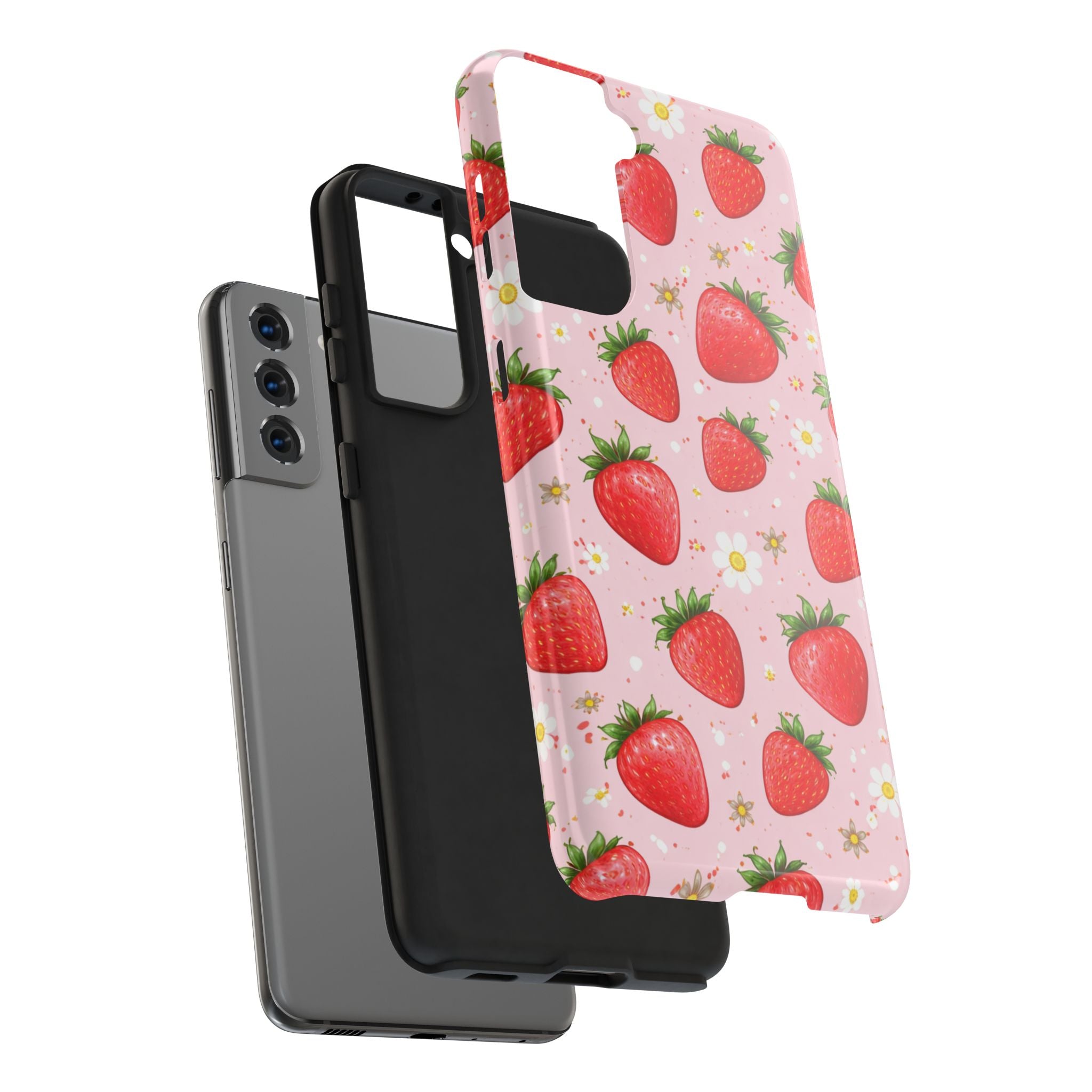 Pink Floral Strawberry Tough Phone Case, Fruit Pattern