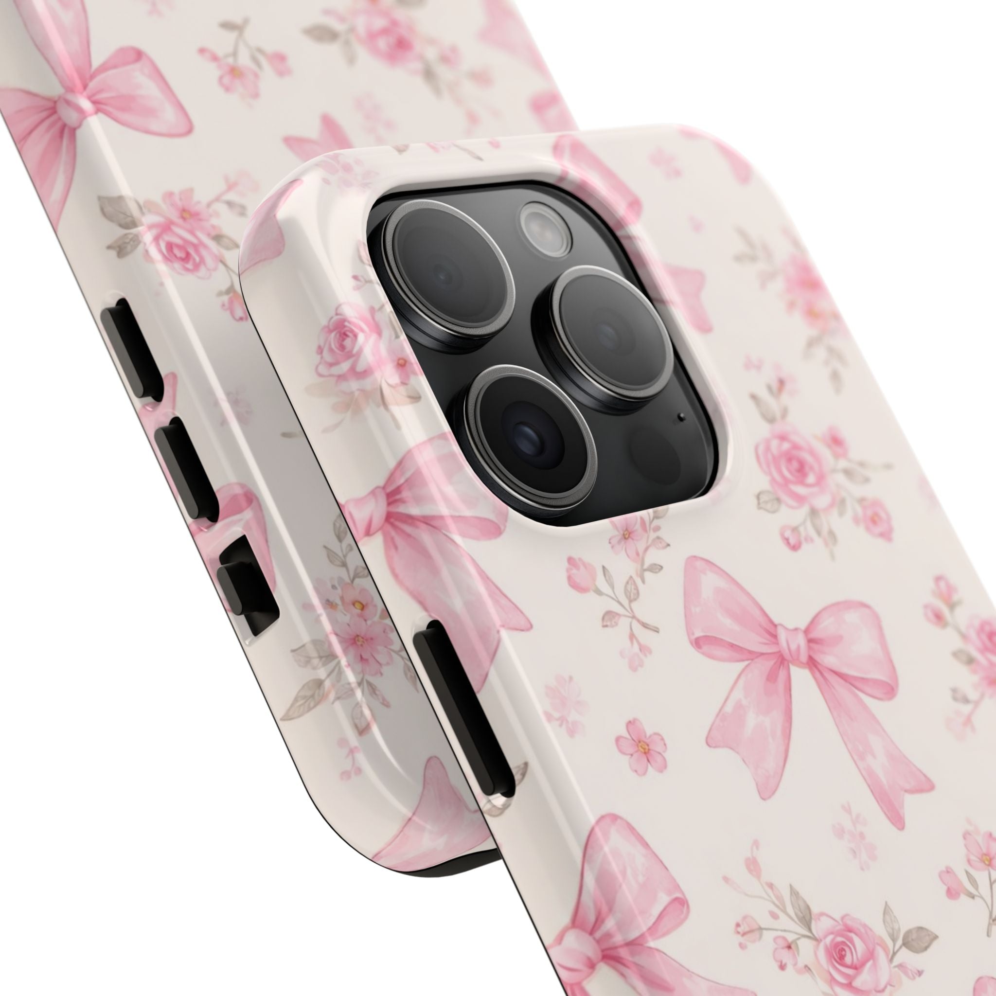 Pink Bow Floral Phone Case, Cute Vintage Rose Pattern