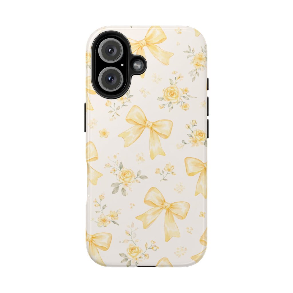 Yellow Bow Floral Phone Case, Cute Yellow Ribbon Pattern