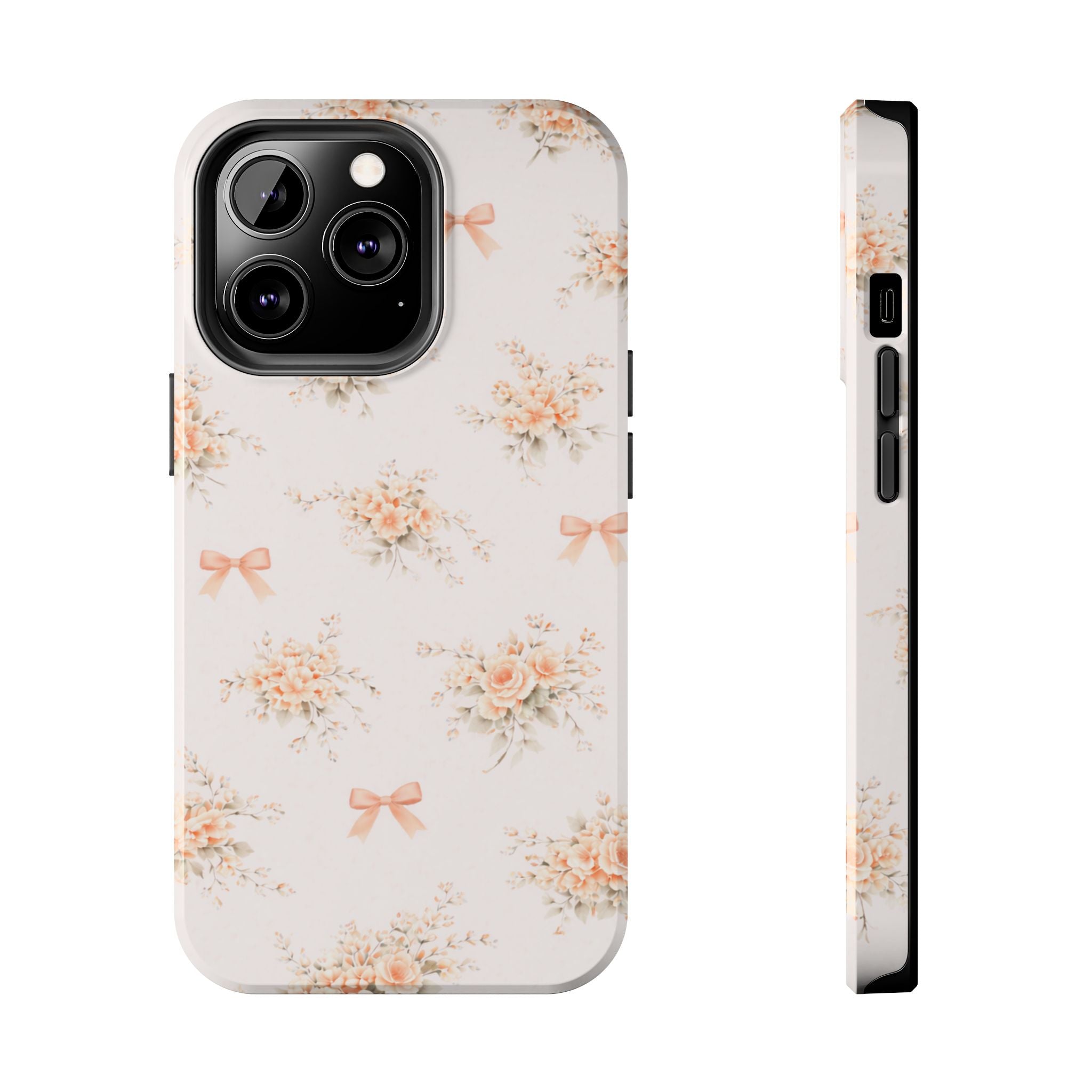 Vintage Peach Floral Bouquet iPhone Case, Tough Pastel Bow Pattern