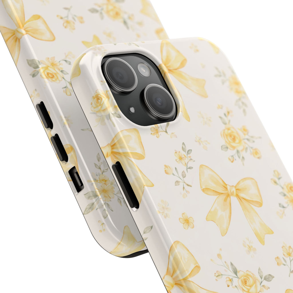 Yellow Bow Floral Phone Case, Cute Yellow Ribbon Pattern