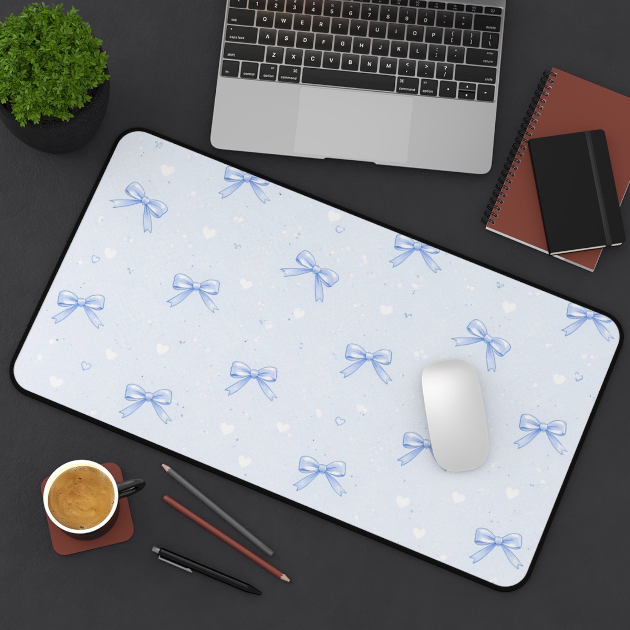 Blue Bow Pattern Desk Mat | Cute Pastel Hearts Mousepad Deskpad
