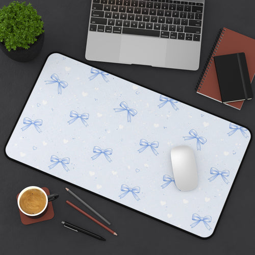 Blue Bow Pattern Desk Mat | Cute Pastel Hearts Mousepad Deskpad