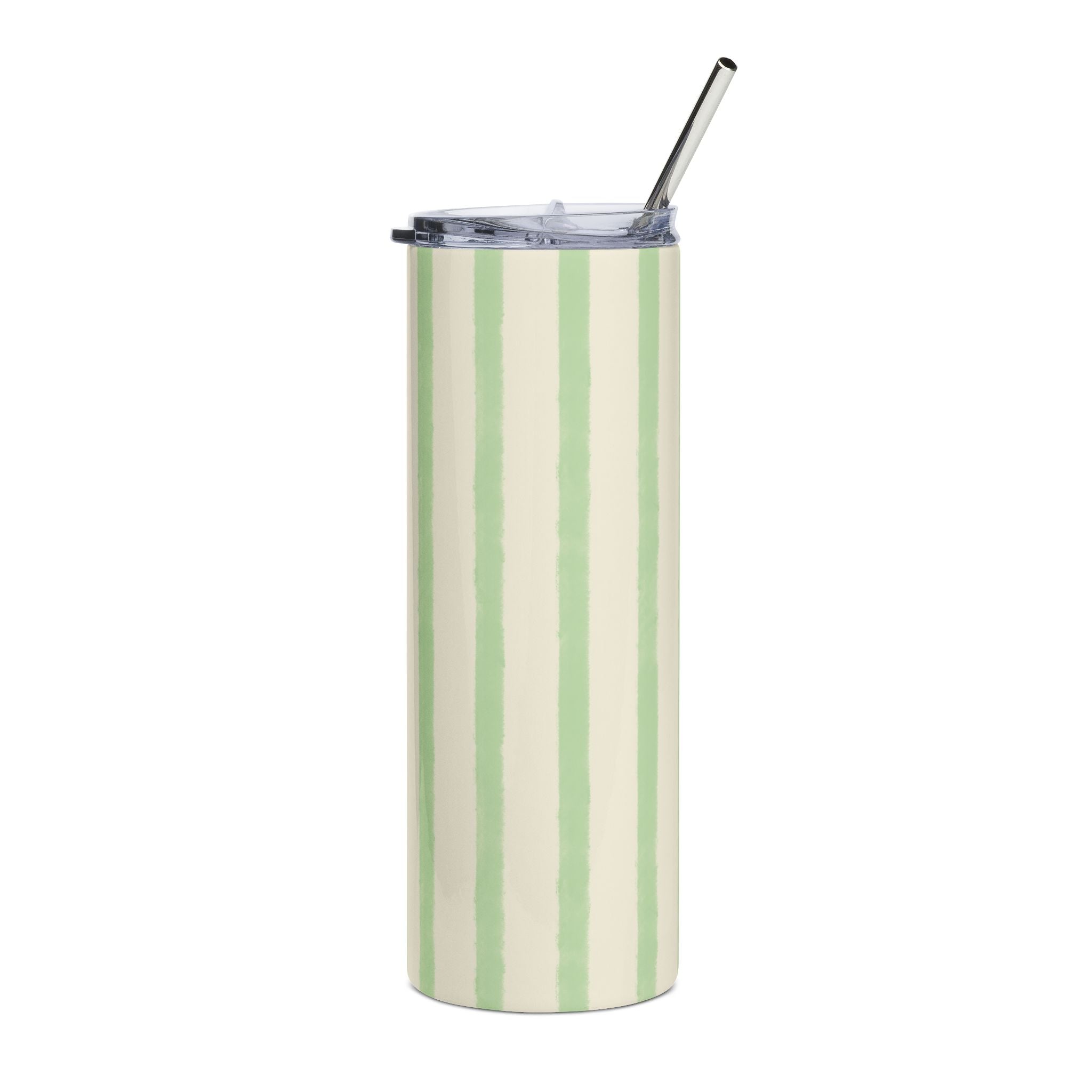 Sage Green Striped 20oz Stainless Steel Tumbler - Slim Insulated Travel Cup with Straw
