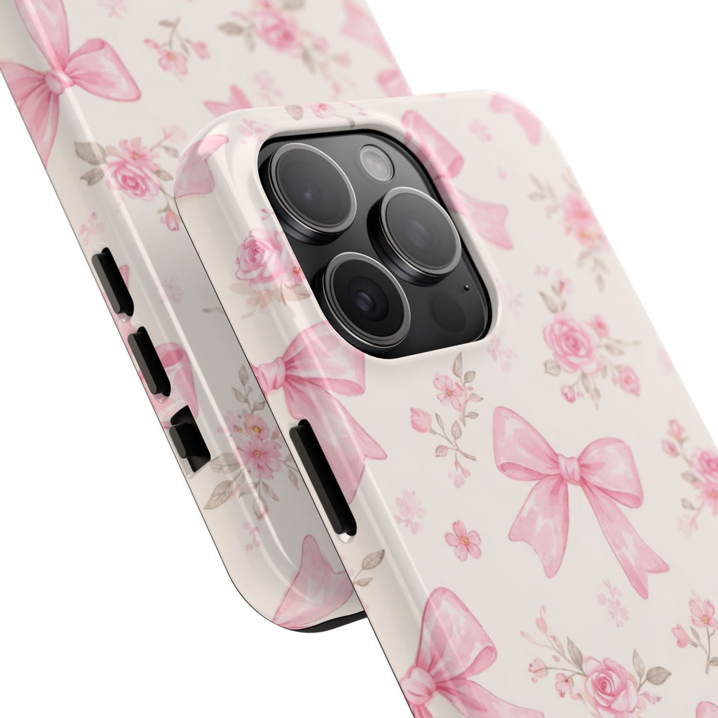 Pink Bow Floral Phone Case, Cute Vintage Rose Pattern