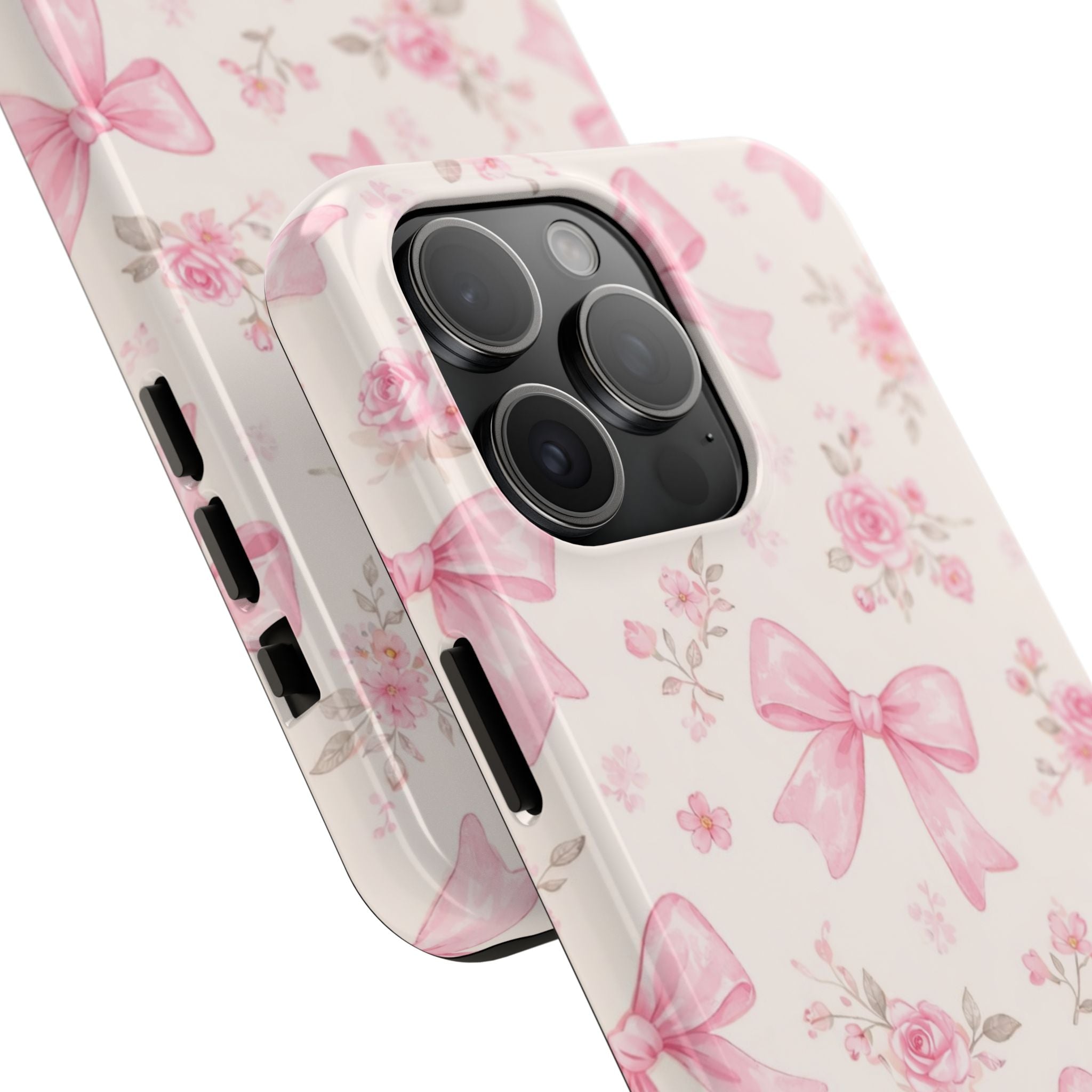 Pink Bow Floral Phone Case, Cute Vintage Rose Pattern