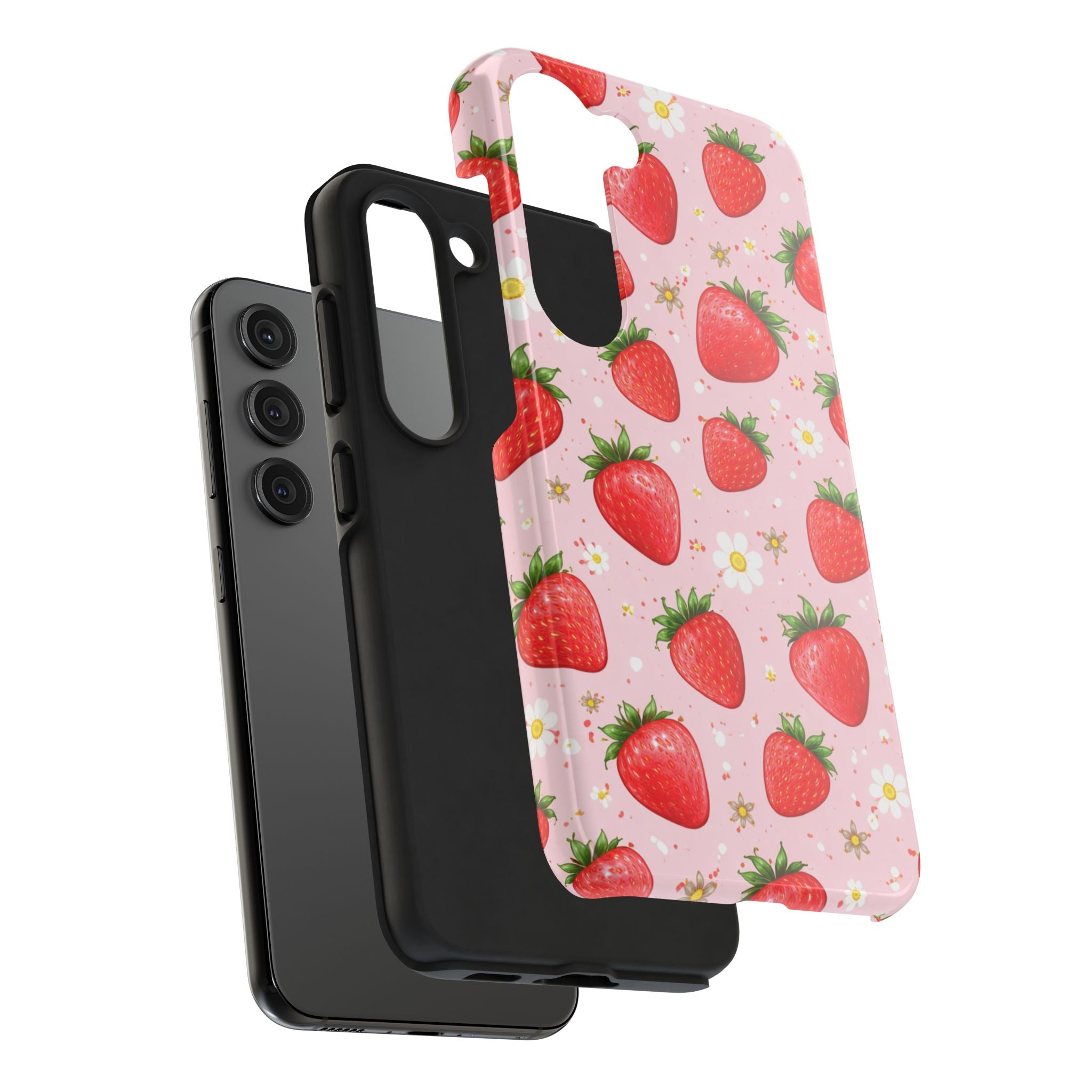 Pink Floral Strawberry Tough Phone Case, Fruit Pattern