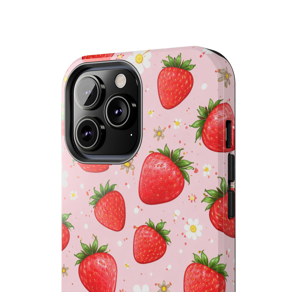 Pink Strawberry Print Phone Case, Soft Fruit Pattern