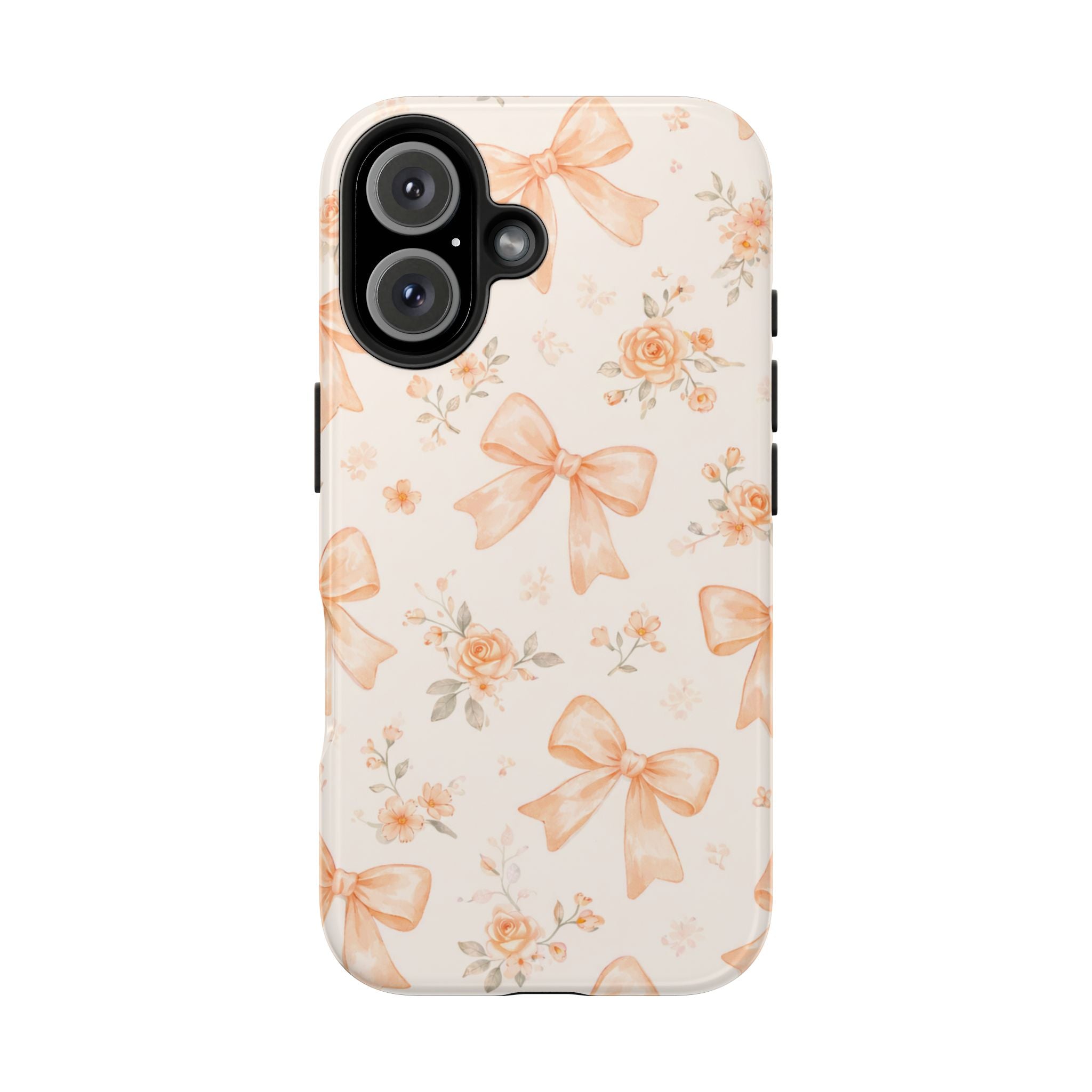 Peach Bow Floral Pattern Tough Phone Case, Peach Ribbon Design