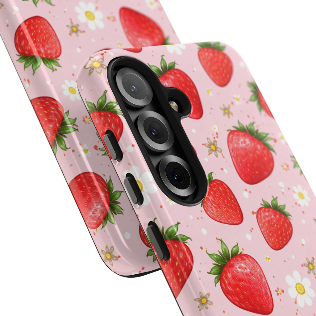 Pink Floral Strawberry Tough Phone Case, Fruit Pattern