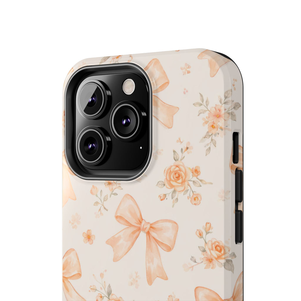 Peach Bow Floral Pattern Tough Phone Case, Peach Ribbon Design