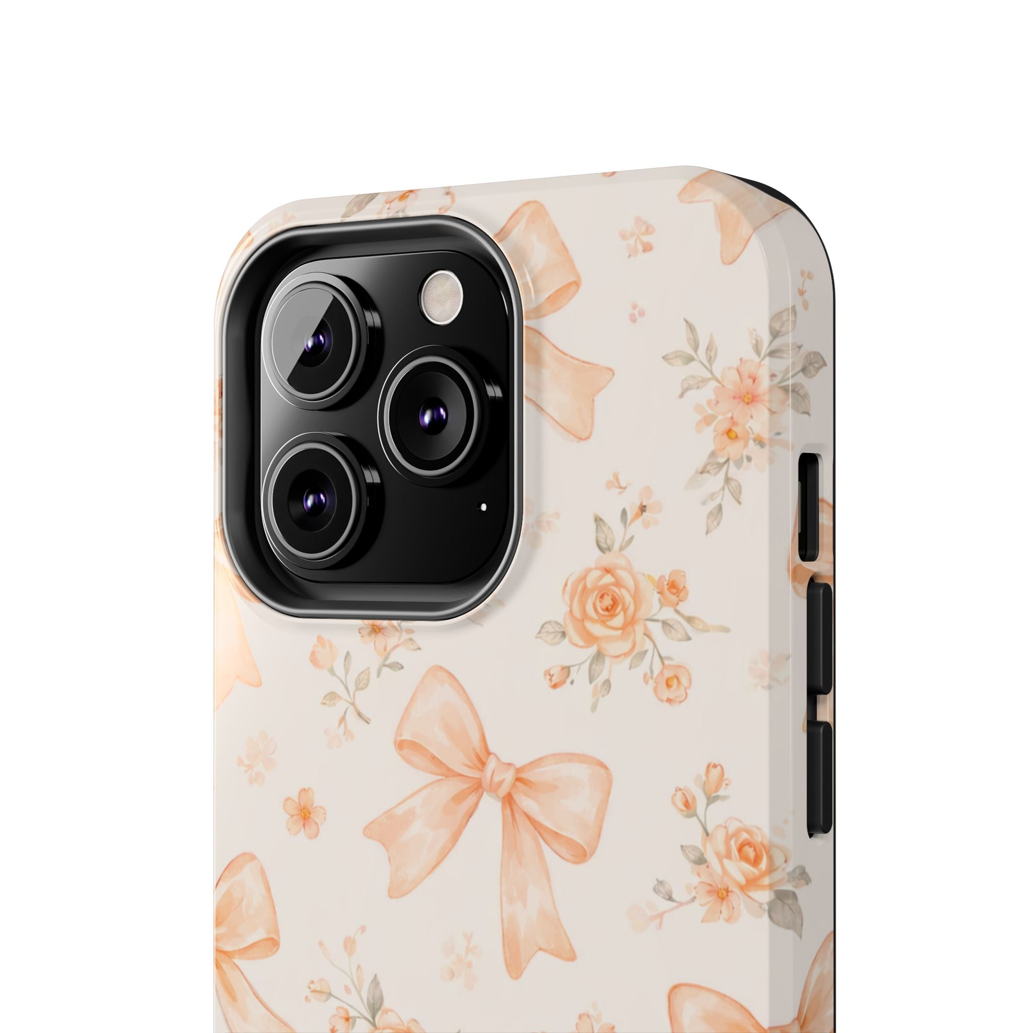 Peach Bow Floral Pattern Tough Phone Case, Peach Ribbon Design