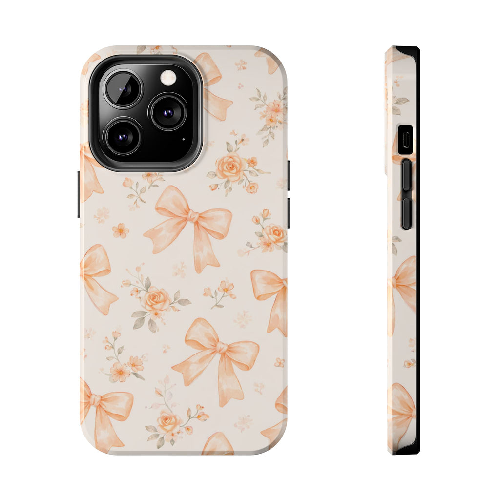 Peach Bow Floral Pattern Tough Phone Case, Peach Ribbon Design