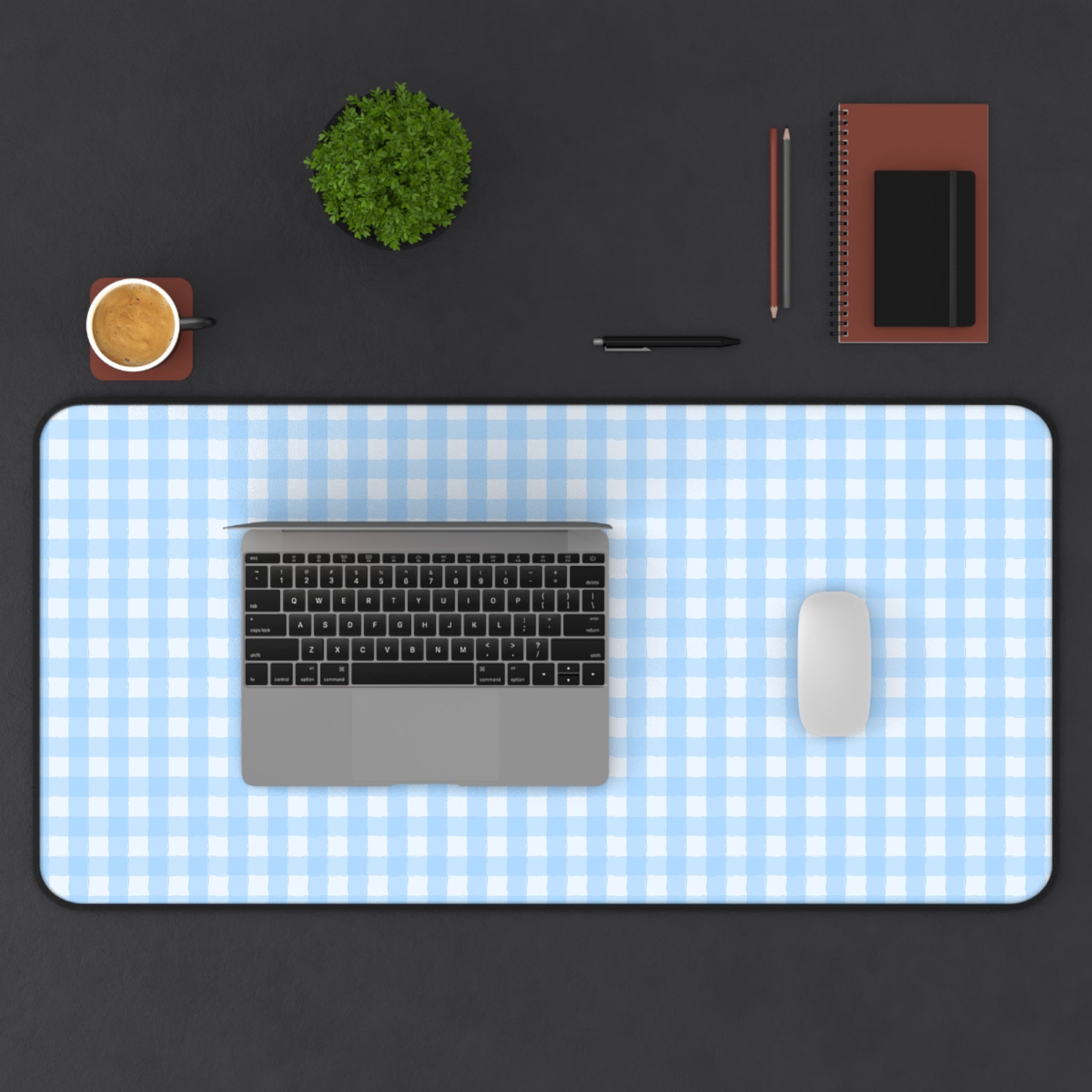 Blue Gingham Desk Mat – Pastel Checkered Mousepad for Home Office & Study