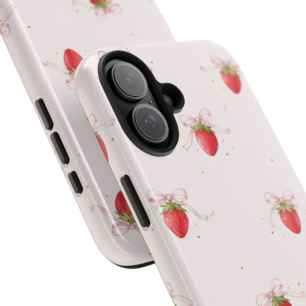 Pink Strawberry Pattern Tough Phone Case, Pastel Fruit Print