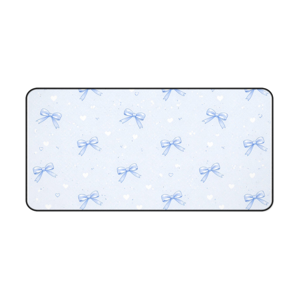 Blue Bow Pattern Desk Mat | Cute Pastel Hearts Mousepad Deskpad