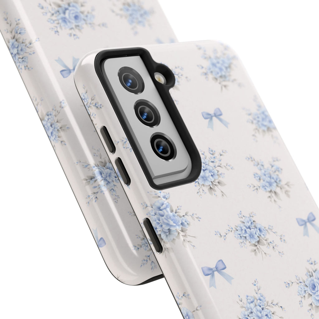 Blue Floral Bows Tough Samsung Galaxy Phone Case, Vintage Bouquet Pattern