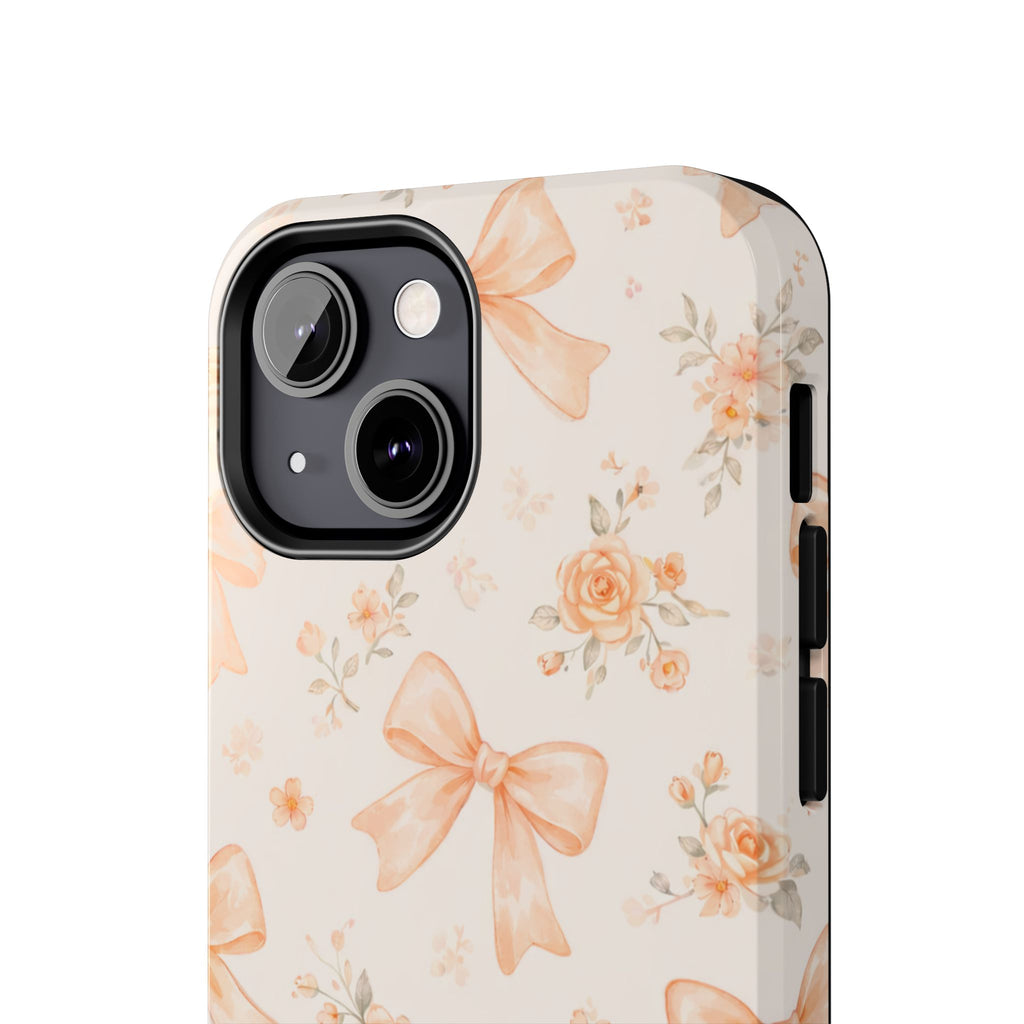 Peach Bow Floral Pattern Tough Phone Case, Peach Ribbon Design