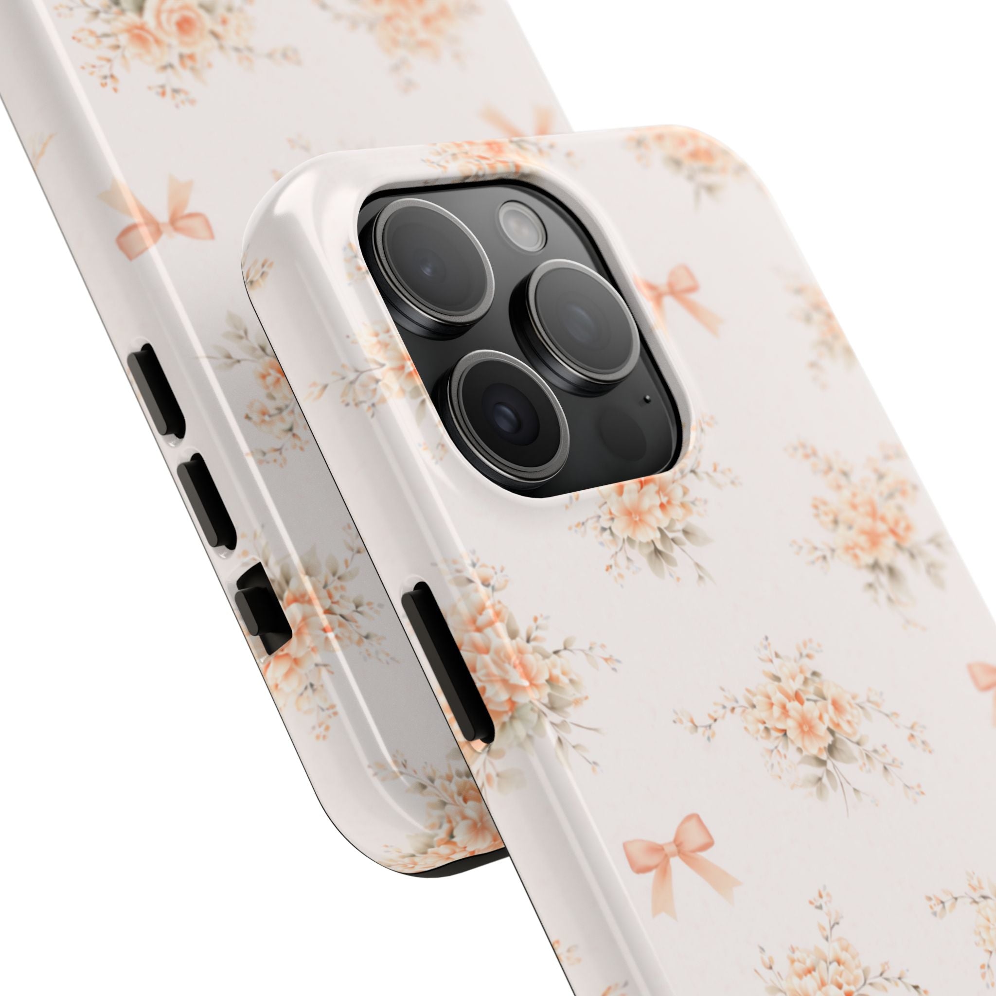 Vintage Peach Floral Bouquet iPhone Case, Tough Pastel Bow Pattern