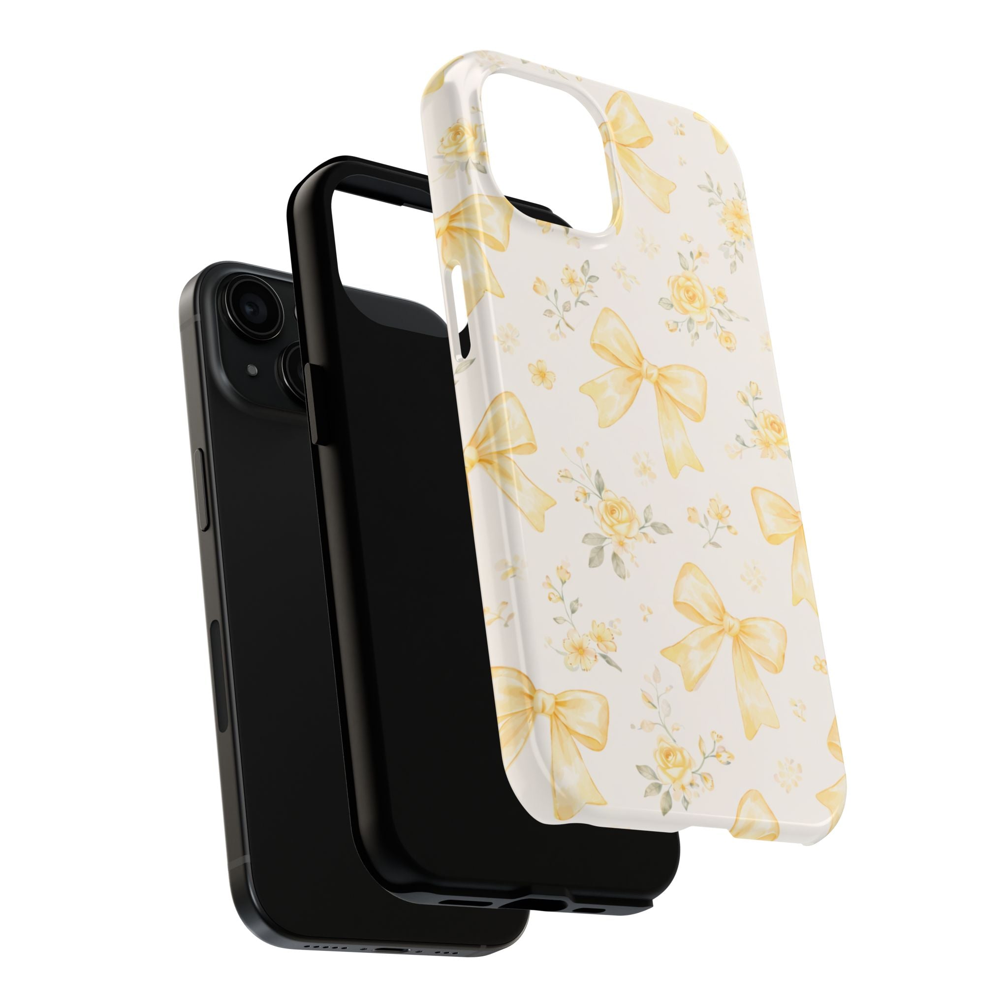 Yellow Bow Floral Phone Case, Cute Yellow Ribbon Pattern