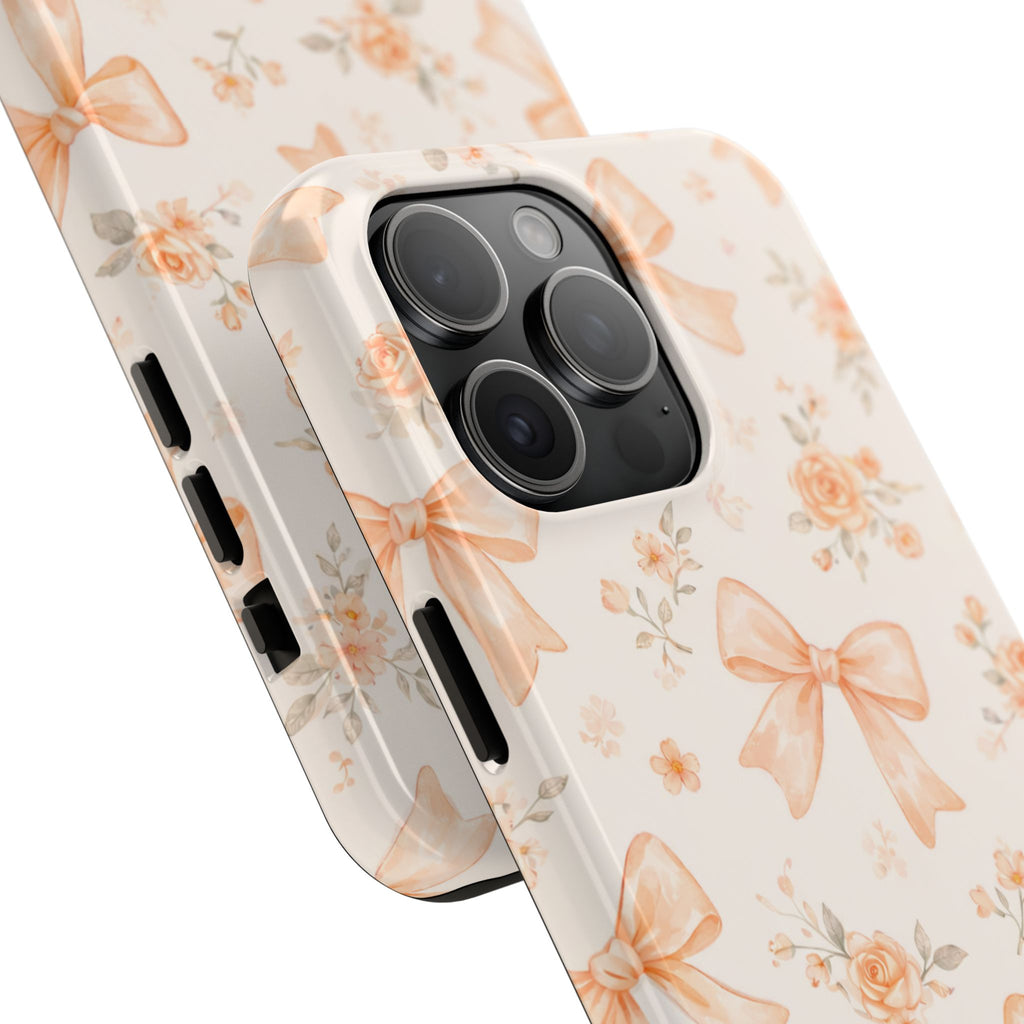 Peach Bow Floral Pattern Tough Phone Case, Peach Ribbon Design