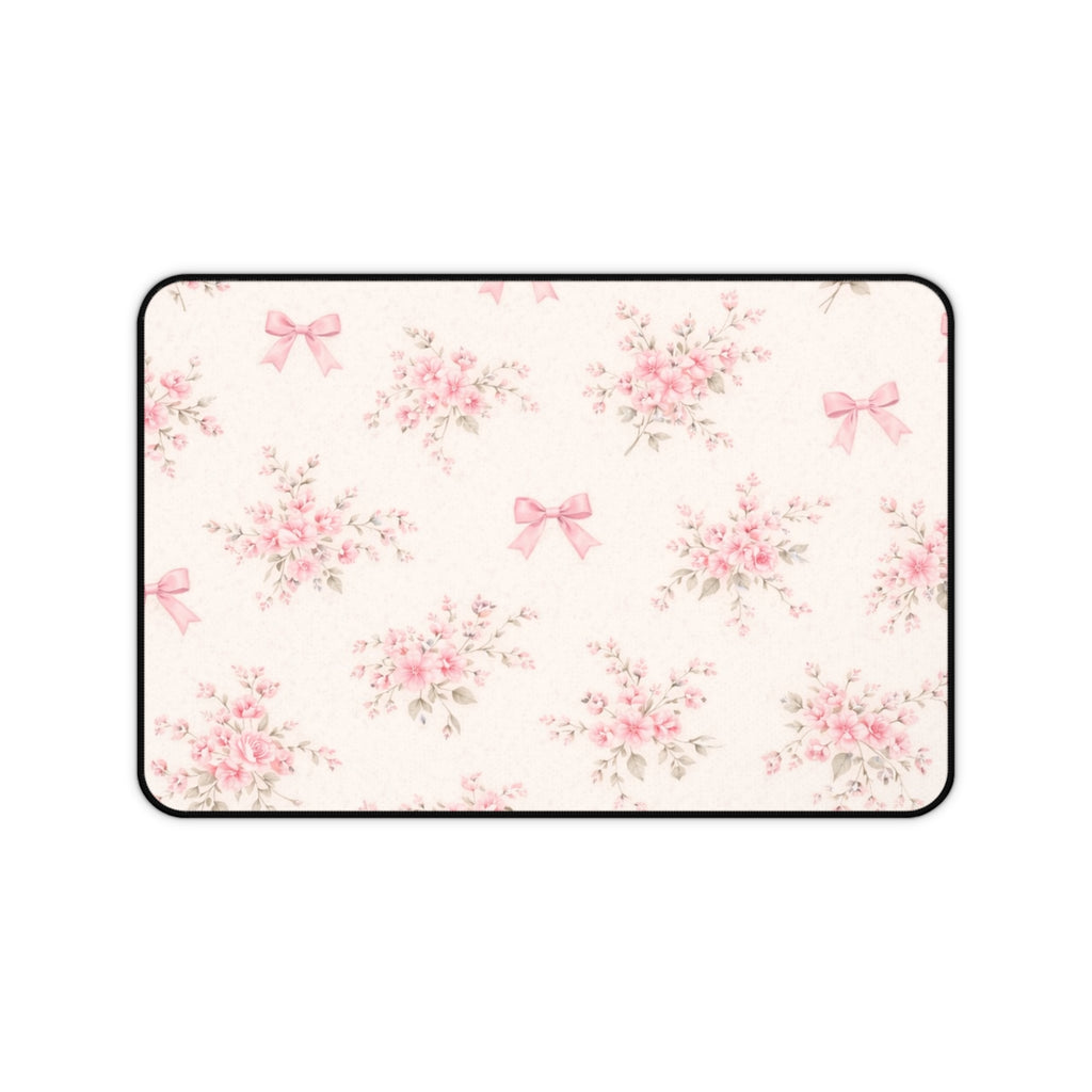 Pink Floral Bouquet Desk Mat, Vintage Roses and Bows Pattern
