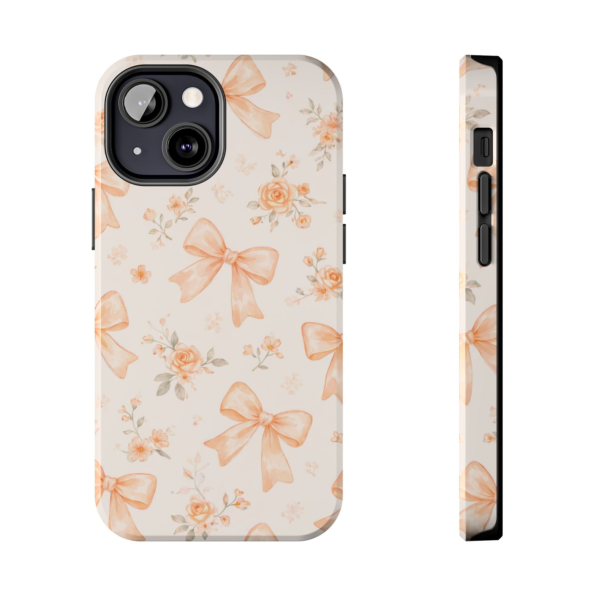 Peach Bow Floral Pattern Tough Phone Case, Peach Ribbon Design
