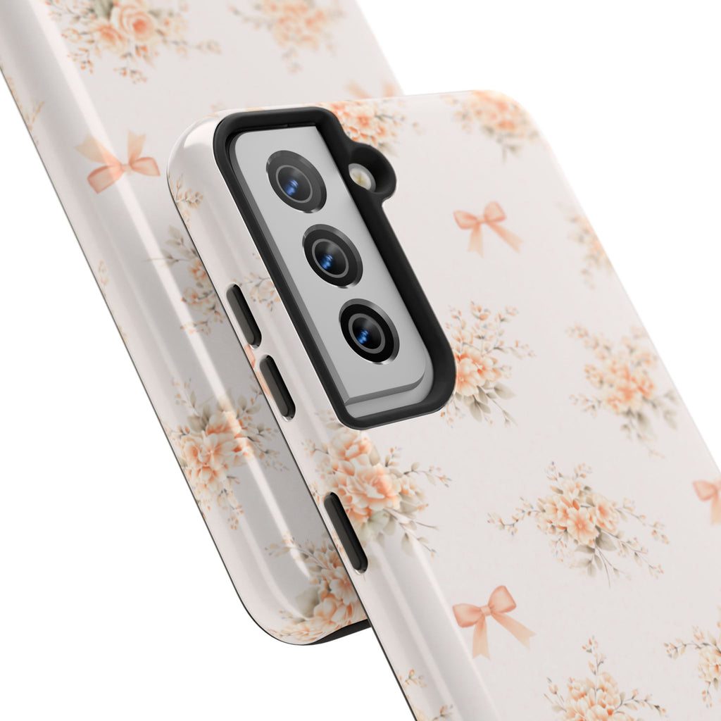 Vintage Peach Floral Bouquet Samsung Galaxy Case, Bow Pattern Pastel Floral