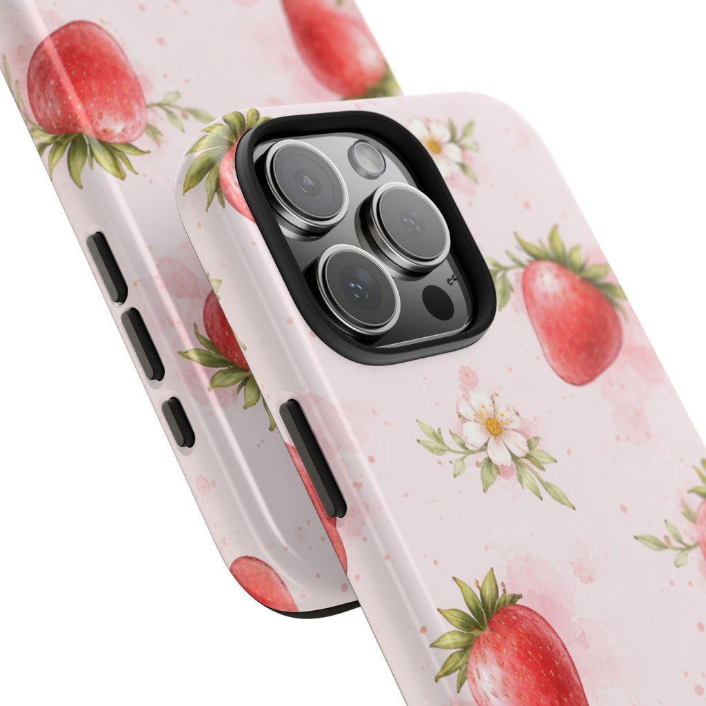 Watercolor Strawberry Phone Case, Pink Floral Fruit Pattern