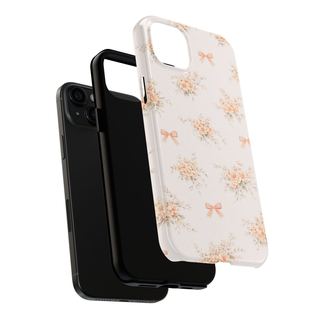 Vintage Peach Floral Bouquet iPhone Case, Tough Pastel Bow Pattern