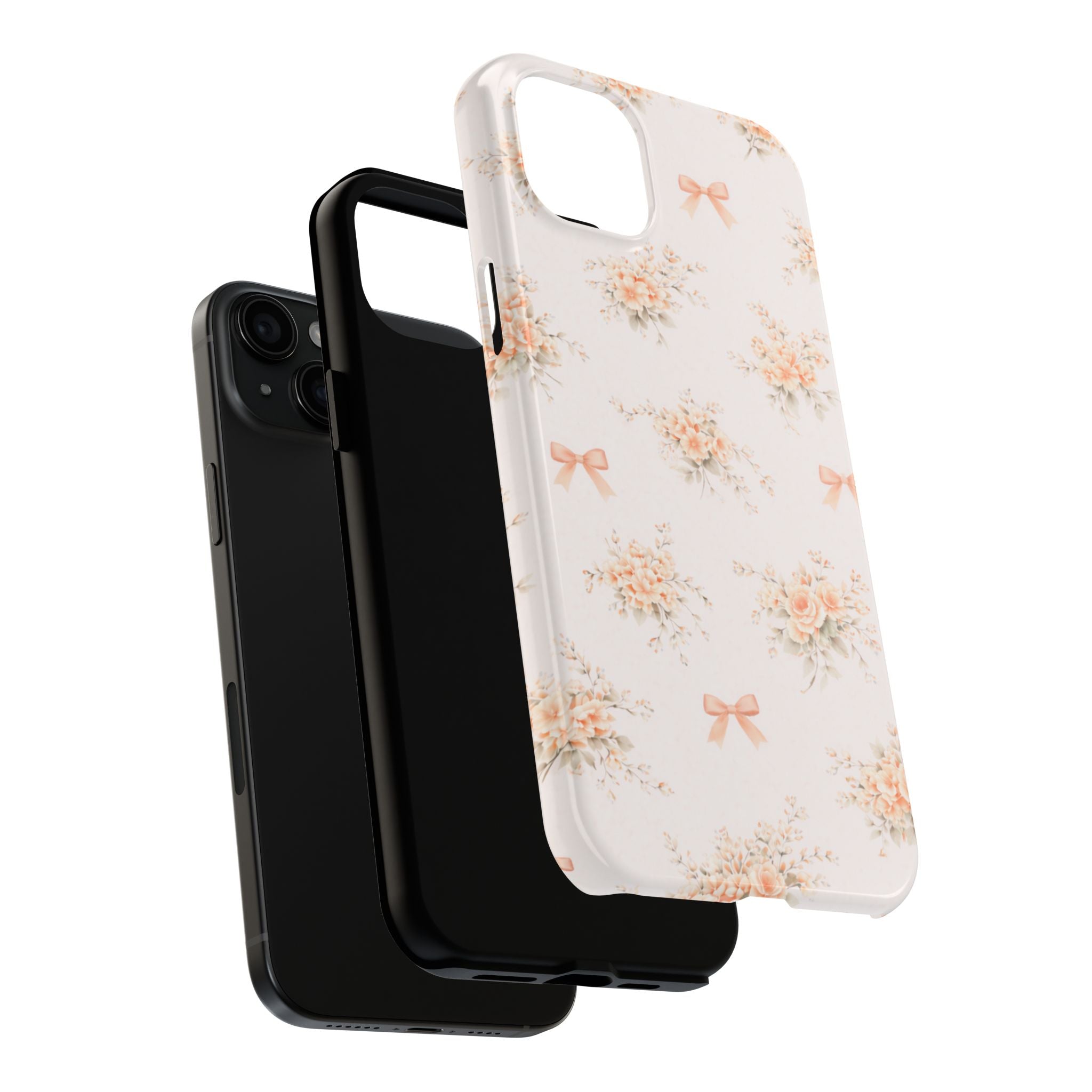 Vintage Peach Floral Bouquet iPhone Case, Tough Pastel Bow Pattern